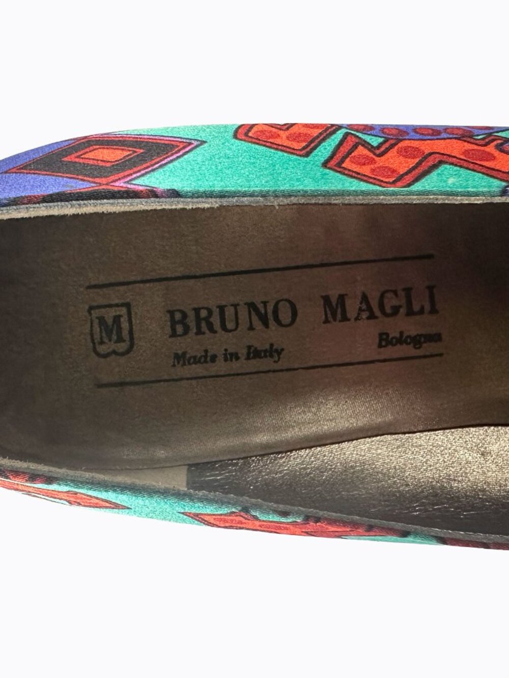 Vtg Bruno Magli Block Heels 7.5 Satin Abstract Purple Pink Italy Vero Cuoio 90s - Picture 8 of 9